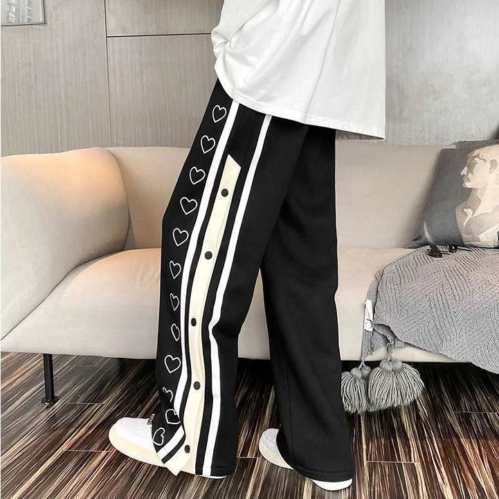 Aesthetic Harajuku Y2k Wide Leg Heart Print Snap Button Joggers Pant For Men
