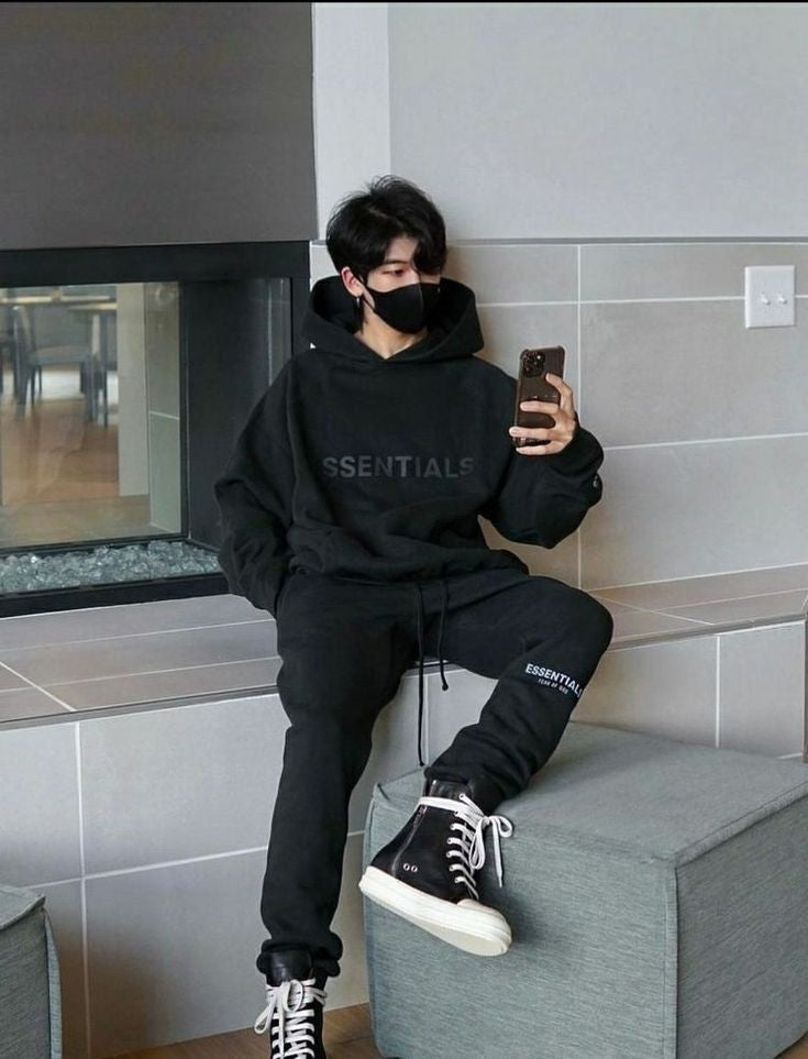 Essentials Y2K Black Streetwear Style Casual Co-ord Set For Mens Outfit
