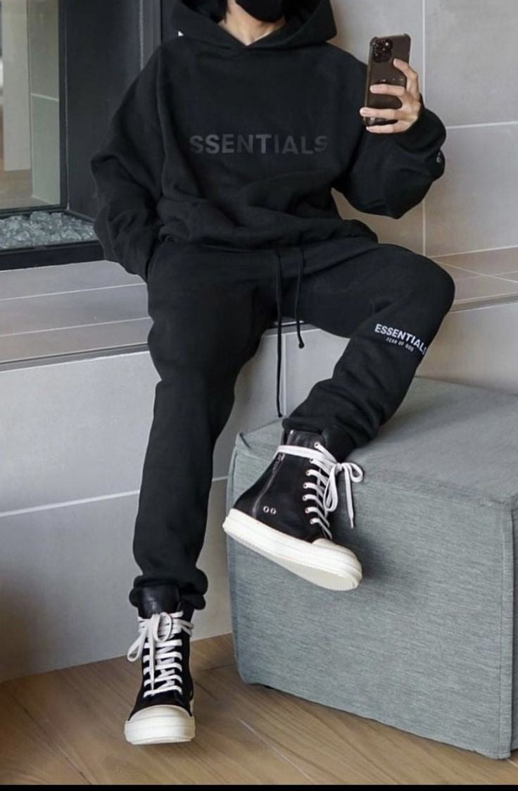 Essentials Y2K Black Streetwear Style Casual Co-ord Set For Mens Outfit
