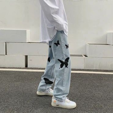 Aesthetic Y2k Butterfly Design Relax Wide Leg Straight Fit Sky Blue Jeans