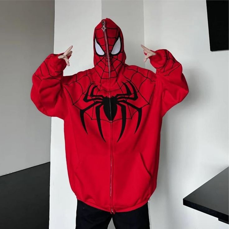 Vintage red Spiderman oversized hoodie with full zip-up design, unisex and limited edition.