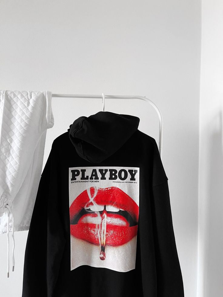 Playboy Black Unisex Printed American Style Fashion Pullover Oversized Hoodie