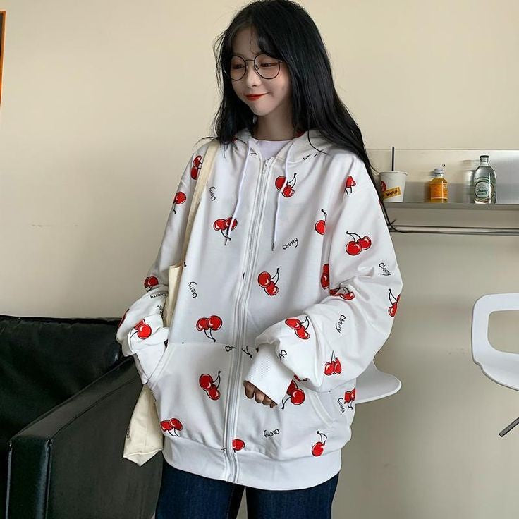 White Cherry Printed Kawaii Style Oversized Zip Up Zipper Hoodie