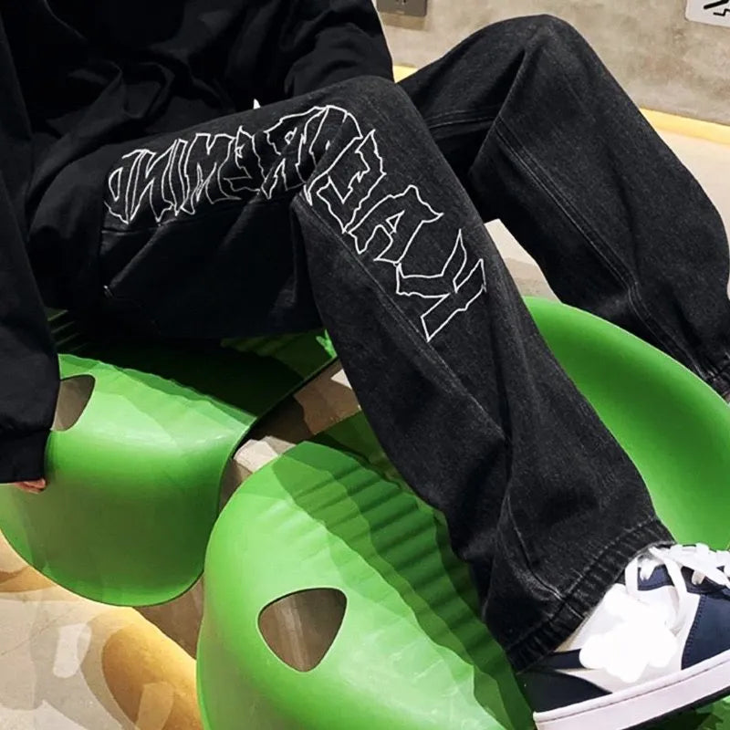 Aesthetic Y2K Black Baggy Streetwear Style Printed Jeans For Men's |Shopping factory23