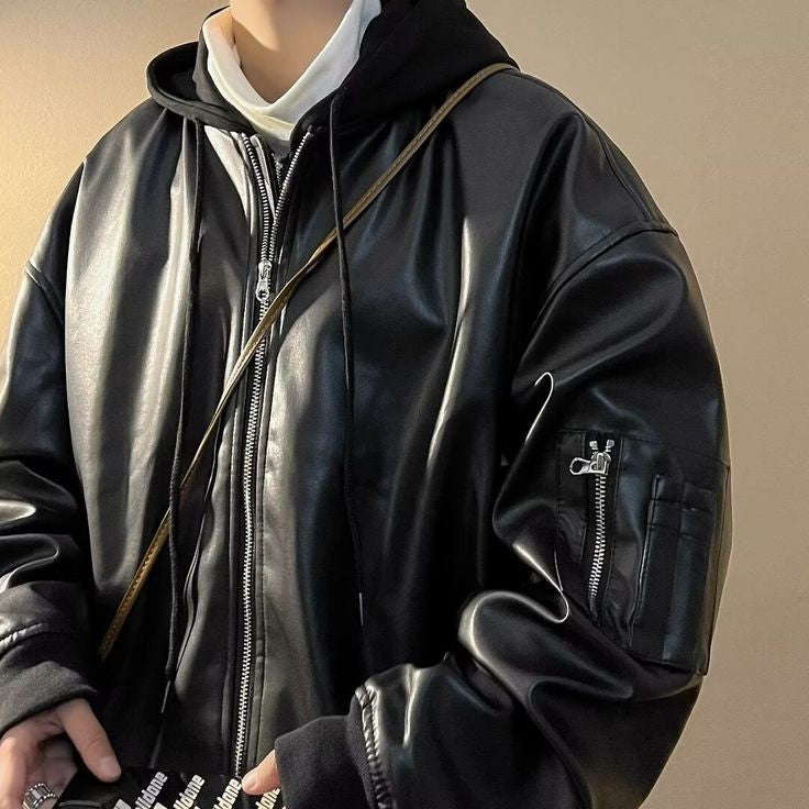 Vintage Black Classic American Fashion Style Sleeve Pocket Zip Oversized Vegan Leather Bomber Jacket For Men's