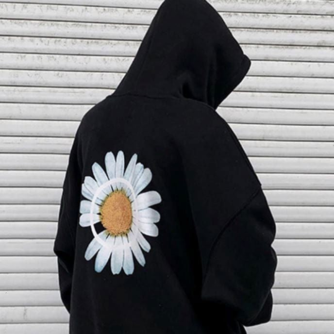 Black Relaxed Fit Daisy Flower Print Oversized Fashion Streetwear Style Premium Hoodie For Mens
