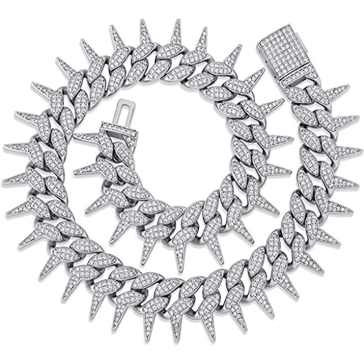 Mens Hip Hop Spike ice Cuban Link Diamond Necklace Chain