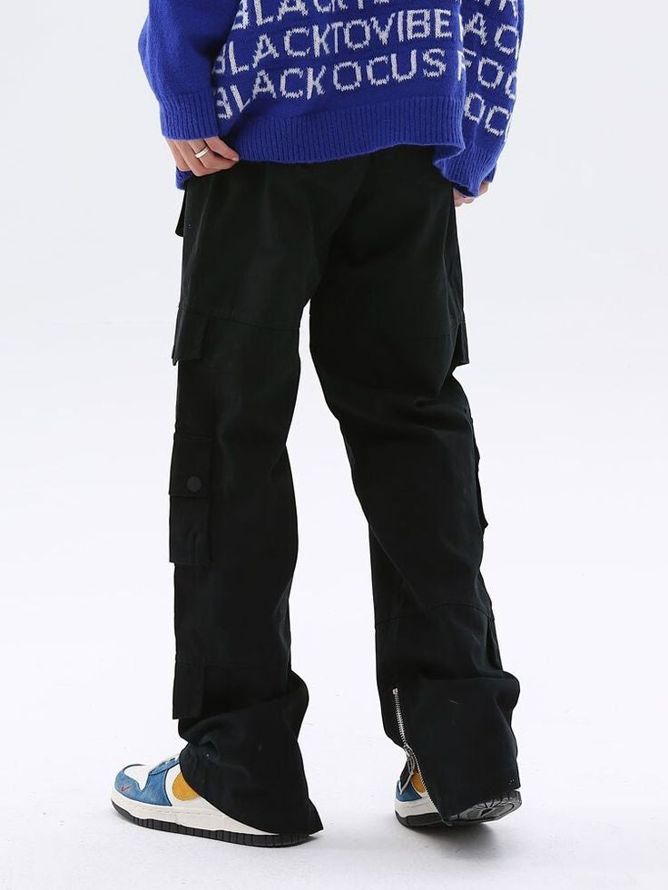 Vintage Black Cargo Pant Flap Pocket Bottom Zip Wide Leg Y2K Streetwear Utility Cargo Fashion For Mens