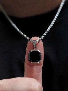 Sterling Stainless Steel Silver Black Square Onyx Pendant Chain Necklace