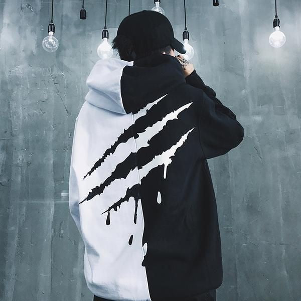 Oversize Blood Claw Printed Black & White pullover Hoodie