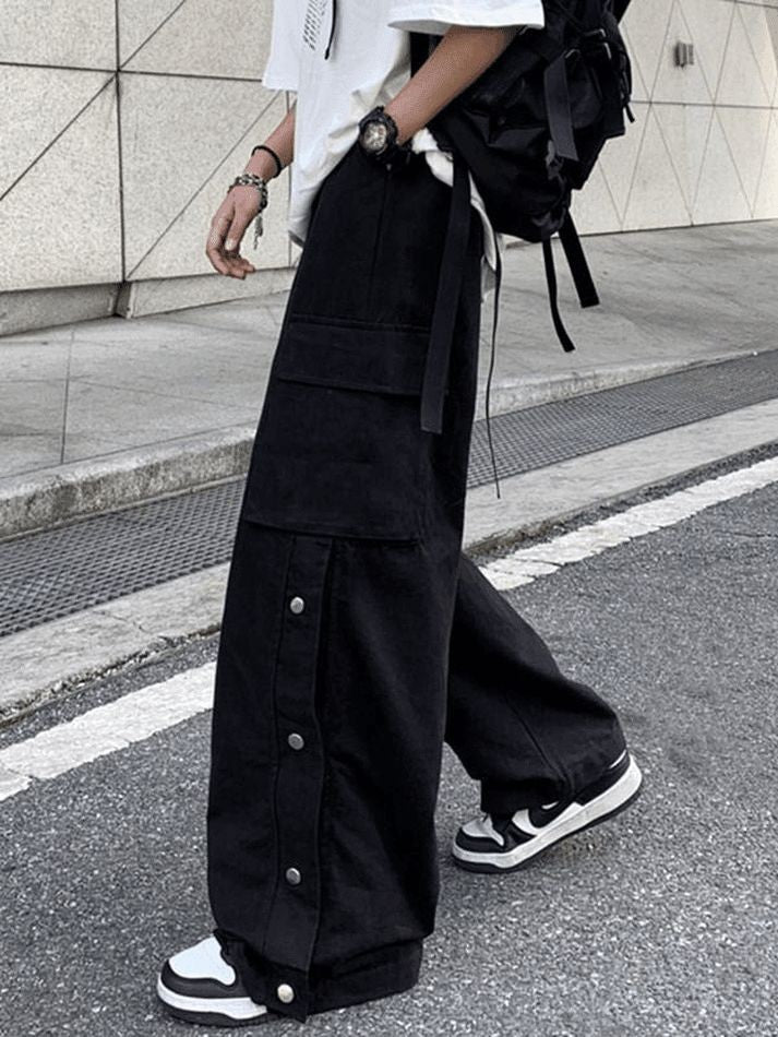 Vintage Black Utility Cargo Pants Flap Pocket Wide Leg Y2K Pants Streetwear Casual Drawstring Elastic Waist Cargo Pants For Mens