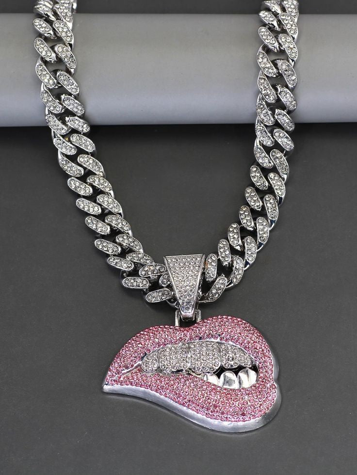 Men's Hip Hop Sexy Ice Out Pink Lips Pendant Cuban Link Chain Necklace