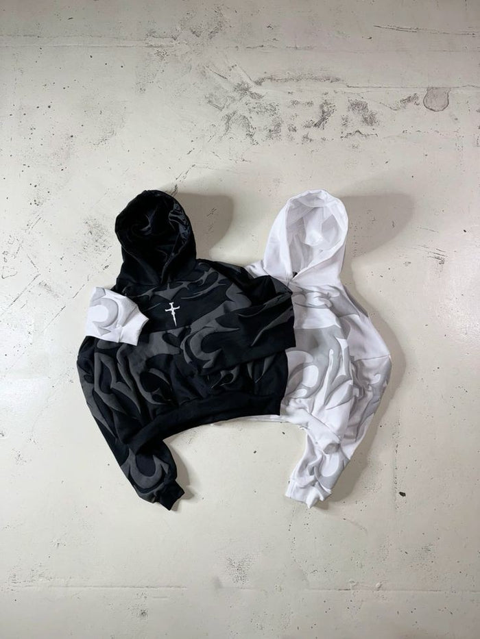 "Aesthetic Tribal Shadow Depth Puff Print Y2K Streetwear Style Fashion | Gothic Oversized Unisex Hoodie."
