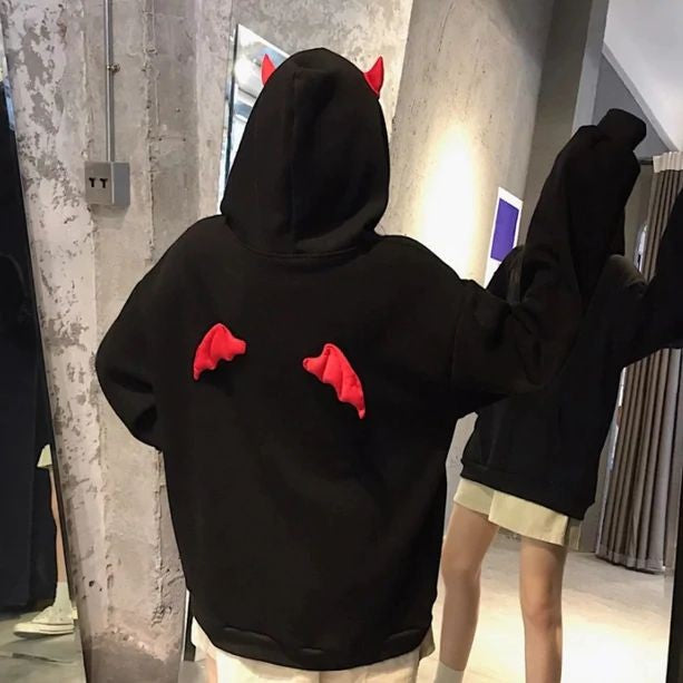 Aesthetic Y2K Vintage Women Devil Horn & Wing Print Oversized Kawaii Style Hoodie For Women