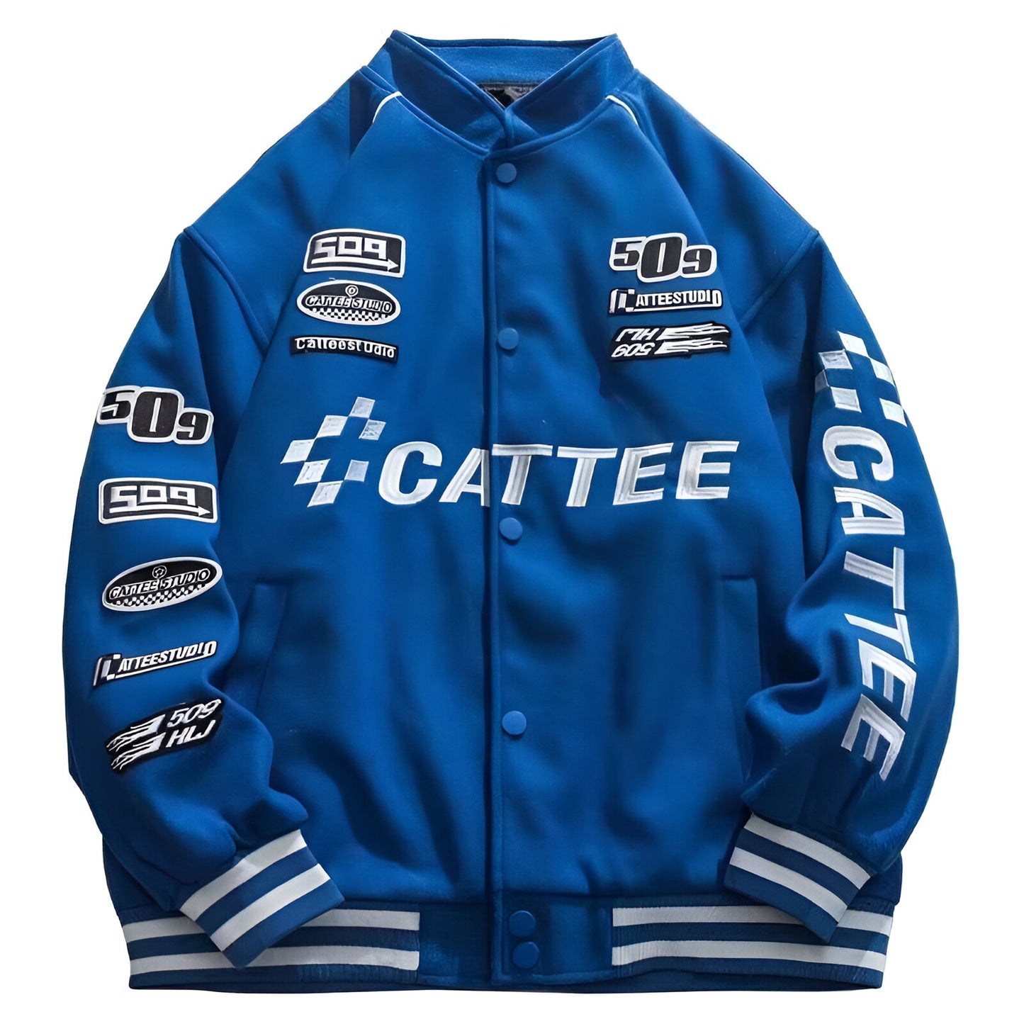 Close-up of the jacket's front, highlighting the zippered closure and embroidered patches.