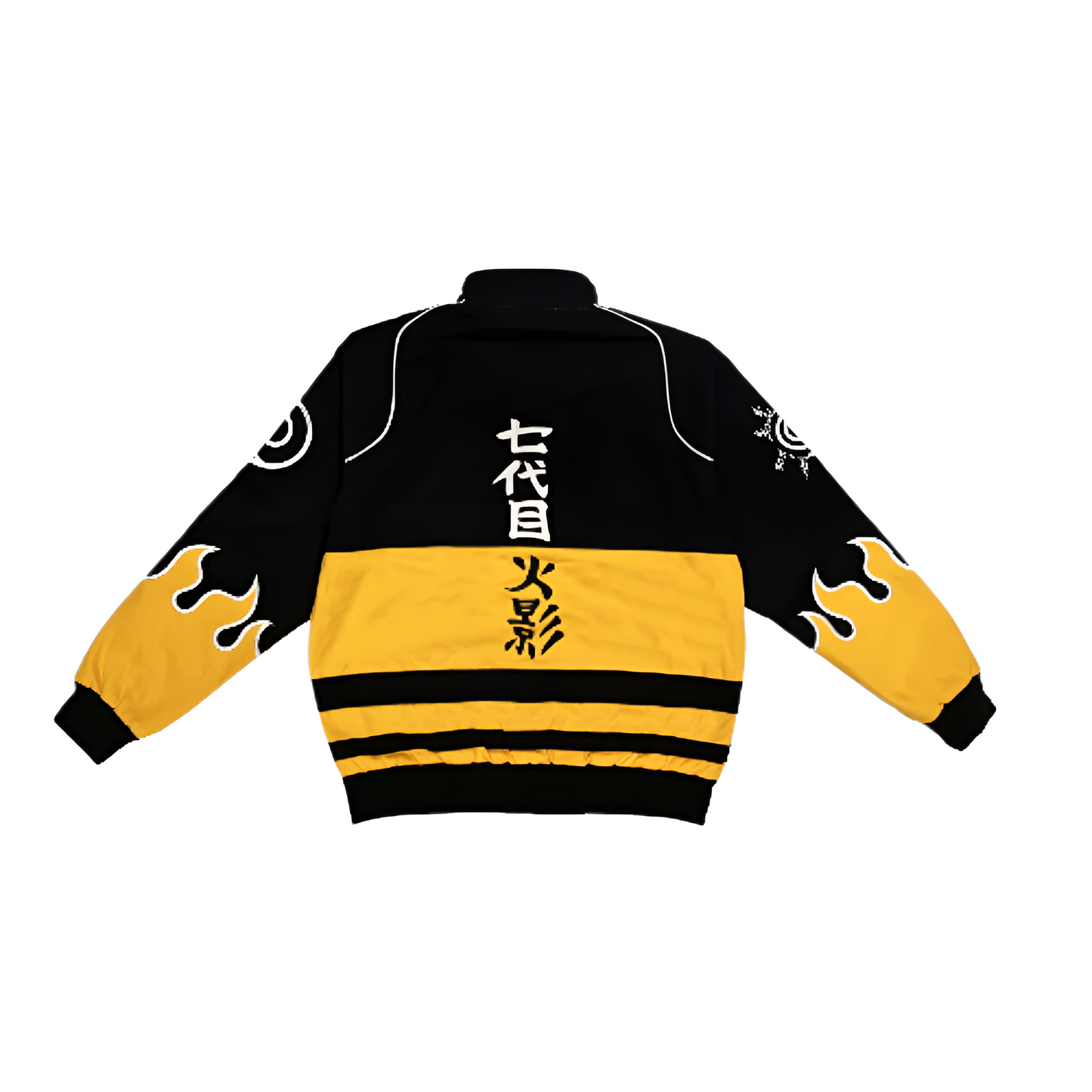 Back view flame racing bomber jacket inspired by Naruto anime, featuring a retro racer design with bold flame patterns.