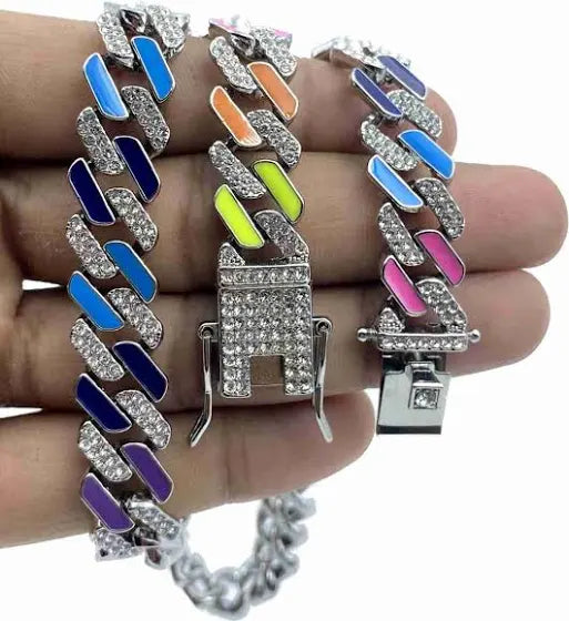 "Multi-color half-ice Cuban link necklace with bling accents for a bold hip-hop look."