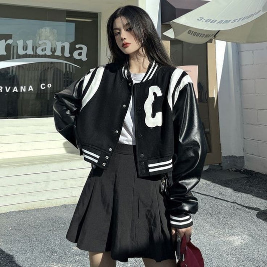 Korean Style Fashion Leather Sleeve Baseball Varsity Jacket For Women Clothing Apparels