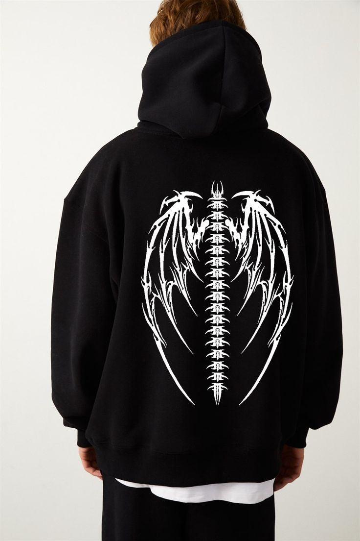 Aesthetic Skeleton Angels Wing Graphic Printed Fleece Hoodie Unisex