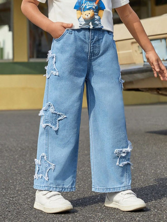 Star Patch High Waist Baggy Straight Fit Wide Leg Blue Jeans