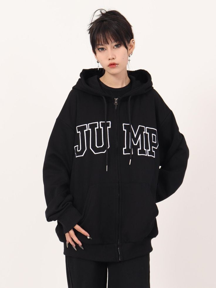 Women Zip Up Korean Style Oversized Letter Printed Y2K Zipper Hoodie For Women