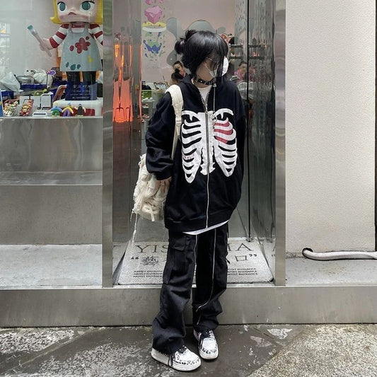 Skeleton Heart Printed Oversized Y2K Clothing Fashion Harajuku Zip Up Hoodie For Women