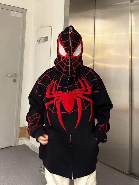 Black Spiderman full zip-up hoodie with front graphics, unisex design, comfortable and casual for everyday wear.