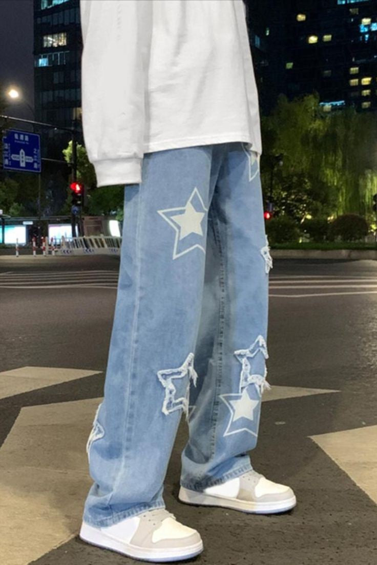 Korean Fashion Star Patch Print Baggy Straight Fit Wide Leg Blue Jeans