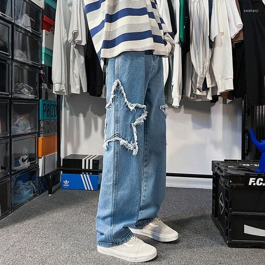 High Street Y2K Retro Star Patch Ripped Blue Baggy Jeans