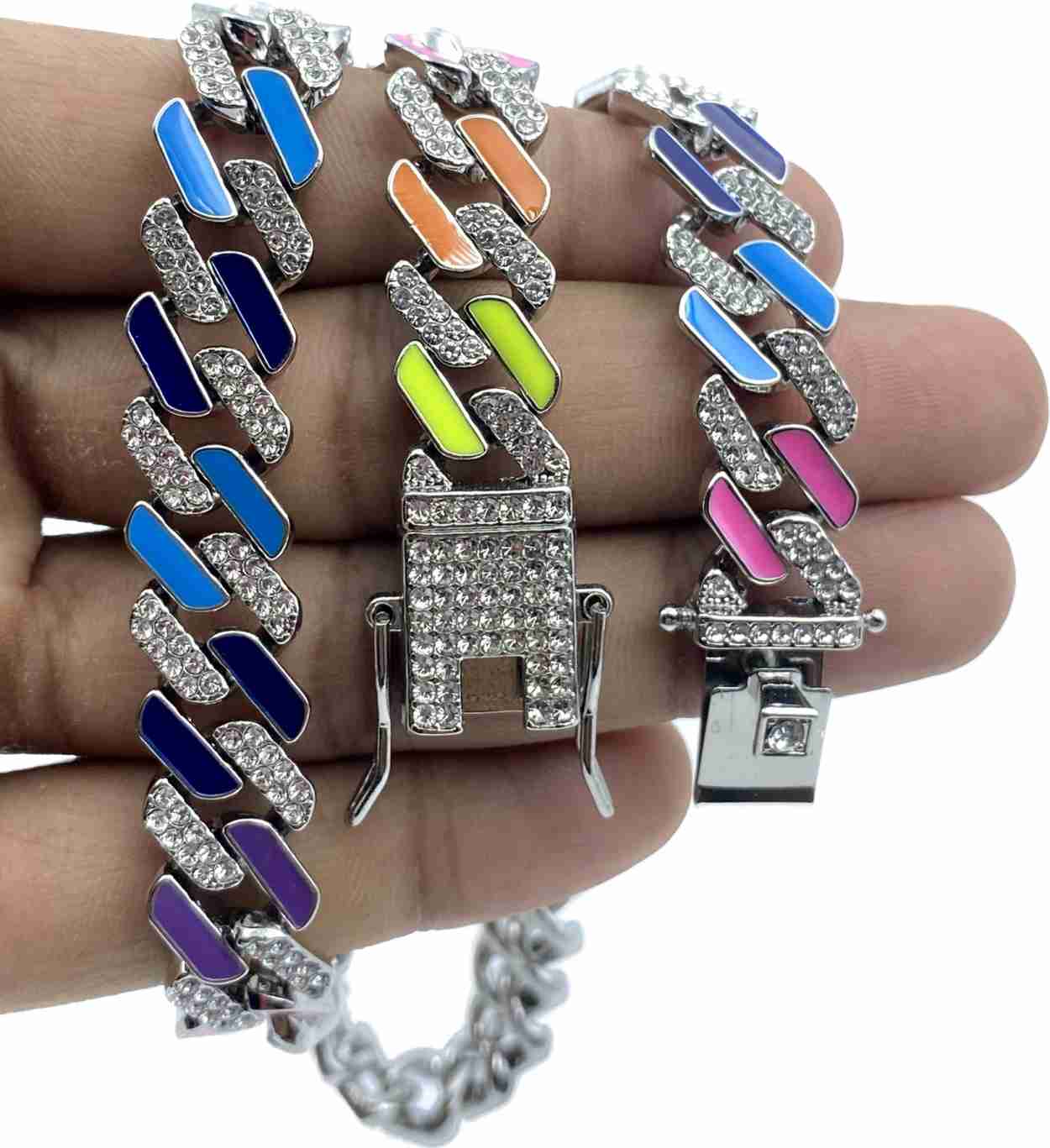 Luxury Rainbow Hip Hop Colourful Ice Diamond Cuban Link Chain Necklace For Mens