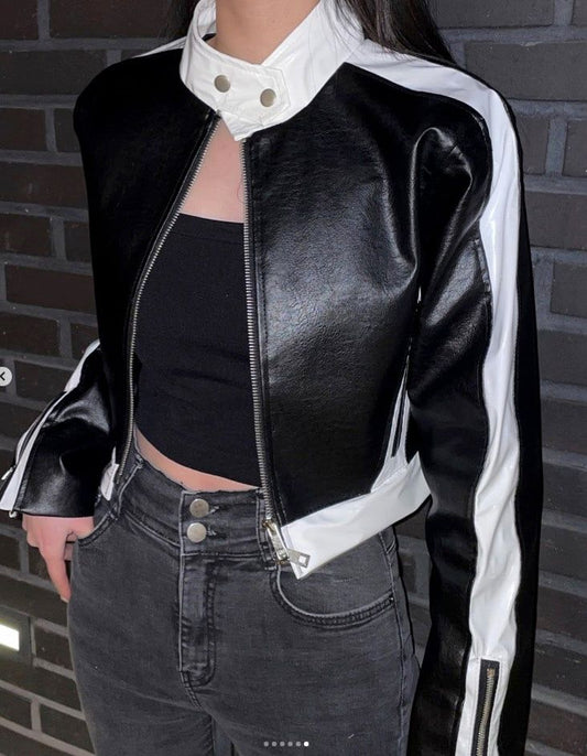  Korean Style Faux Leather Crop Leather Jacket