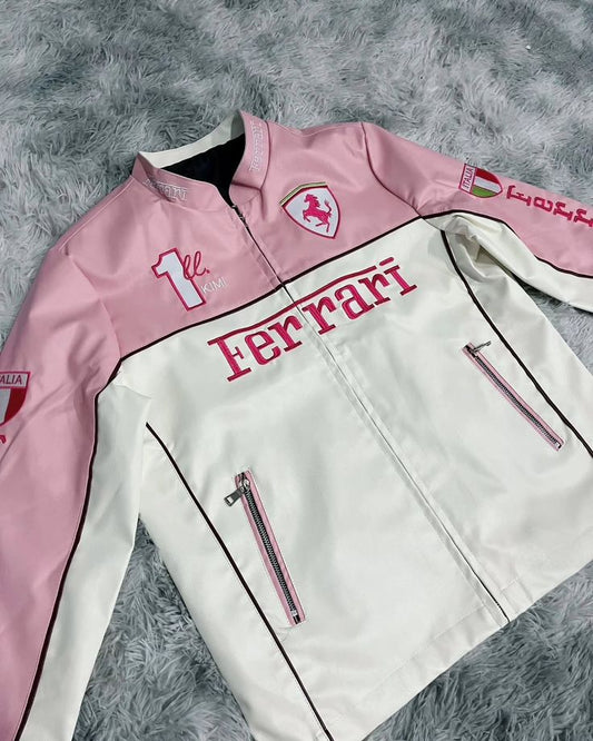 Vintage Ferrari F1 Pink Vegan Leather Embroidery Premium Racing Retro Jacket For Women's| Shopping factory23