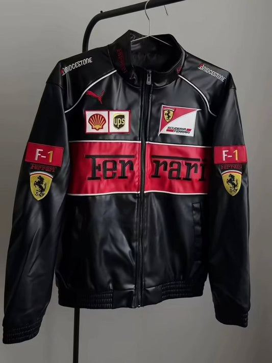 Ferrari F1 Vintage Leather Embroidery Premium Racing Jacket For Women | Shopping factory23