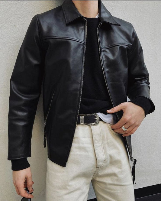 Men’s Versatile Black Faux Leather Jacket with Zip Collar Y2K Street Style 