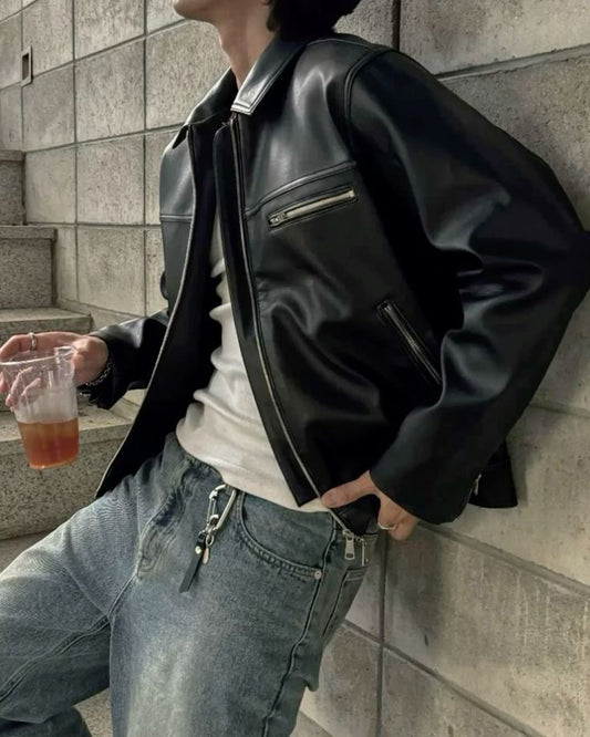 Classic Iconic Style Y2K Zip Collar Black Faux Leather