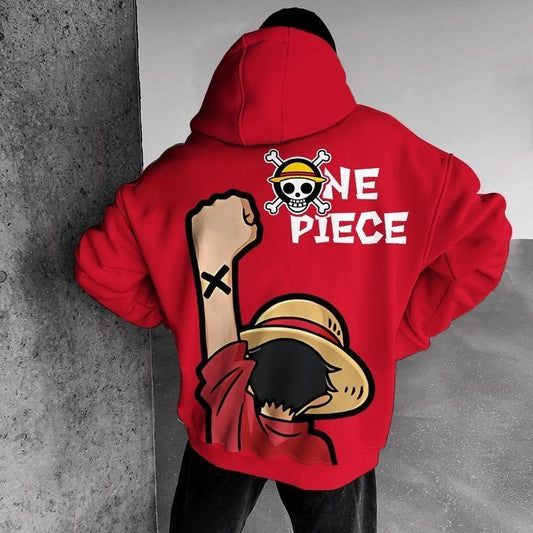 One Piece Luffy Anime Printed Oversized Casual Pullover Fleece Hoodie For Mens