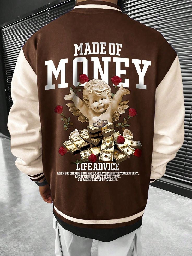 Dark Brown Oversized Back Print Varsity Jacket For Mens