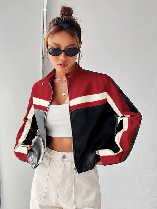 Buy Women's Colour Block Zip Up Crop Racing Star Moto Vegan Leather Jacket online clothing