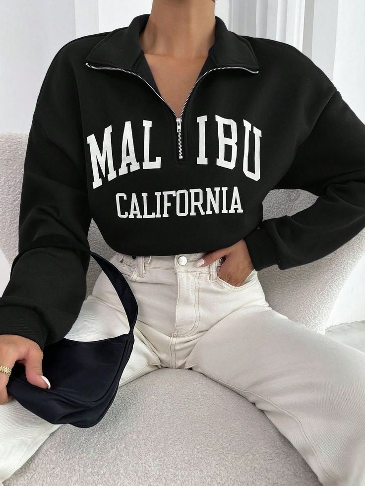 Malibu California Printed Relaxed Fit Cool Aesthetic High Neck Zip Collar Sweatshirt For Women