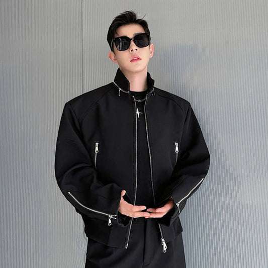 Men's Vintage Korean Celebrity Style Multi Zipper Stand Collar Jacket - Shoppingfactory23