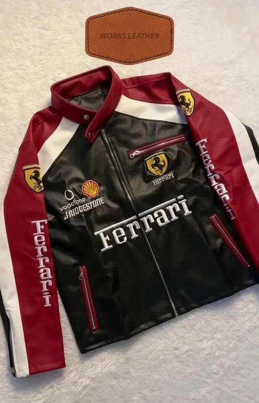 Ferrari F1 Faux Leather Embroidery Racing Jacket | Premium Vintage Style F1 Streetwear Jacket |shopping factory23