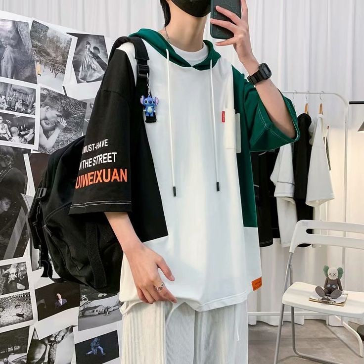 Techwear Harajuku Hong kong Streetwear Style Oversized Hip Hop Half Sleeve Hoodie T-shirt For Mens