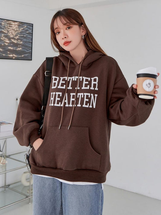 Buy Brown Letter Graphic Printed Drop Shoulder Oversized Hoodie For Women