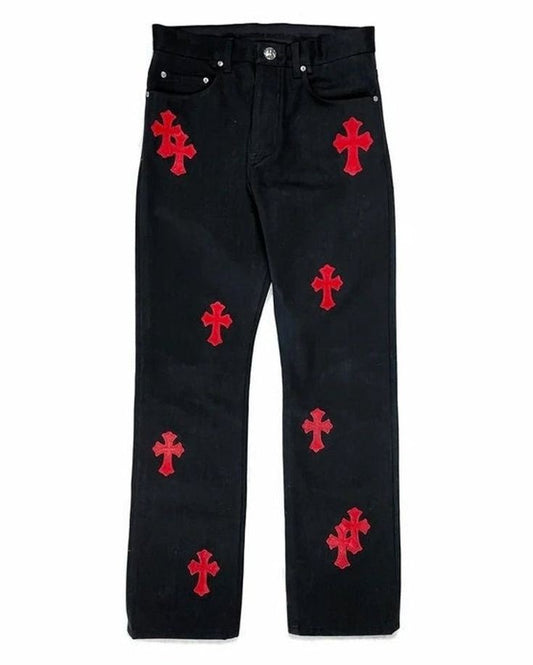 American High Street Red Cross Print Hip Hop Style Straight Fit Baggy Black Denim Jeans