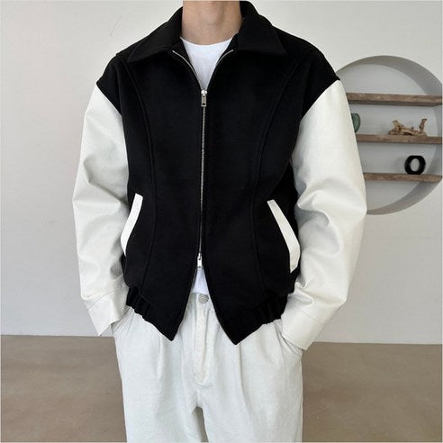 Men's Korean Deisgn Winter Casual Streetwear Loose Fit Leather Sleeve Collar Jacket