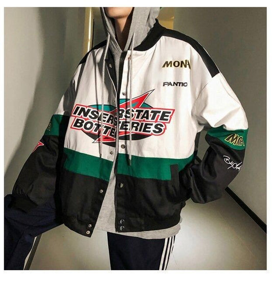 Men's vintage Y2K motorcycle racing bomber jacket with bold colors and graphics, featuring a zip-up front and ribbed cuffs.