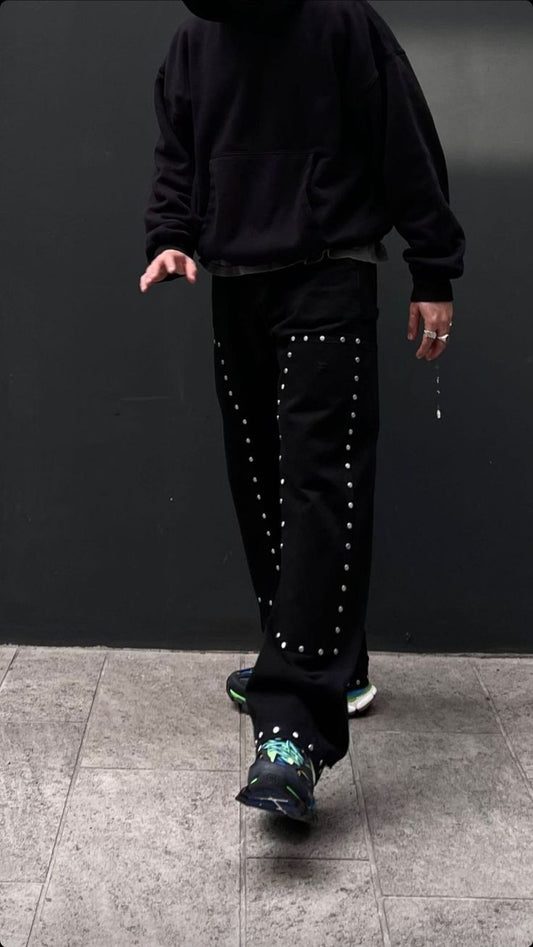 Multi Metal Stud Button Straight Fit Baggy Black Jeans