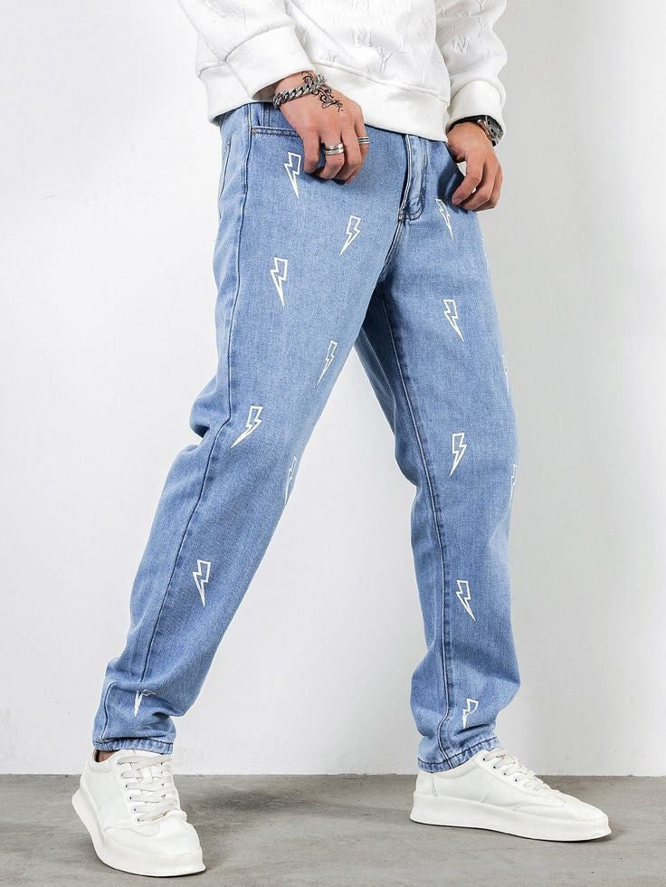 Y2K Thunder Print Baggy Loose Fit Baggy Wide Leg High Street Sky Blue Jeans For Mens