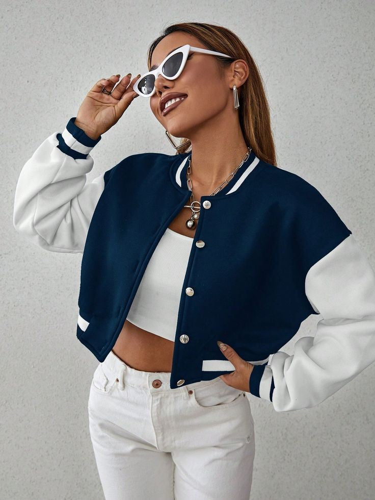 Women Solid Crop Varsity Jacket