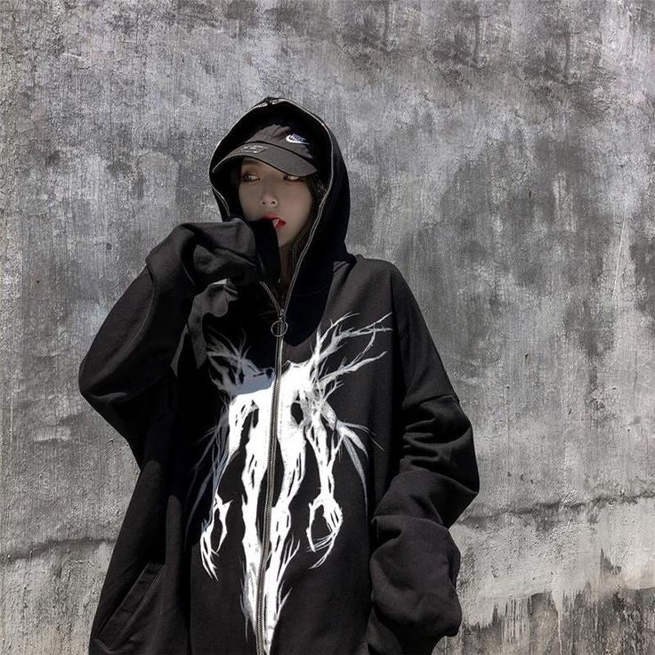 Aesthetic Y2K Vintage Gothic Ghost Harajuku Street Style Full Zip Up Zipper Hoodie For Mens